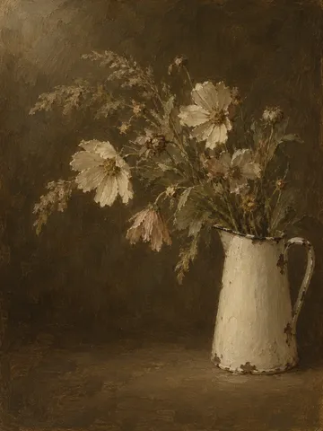 Cosmos and grasses in a chipped enamel pitcher in brown, burgundy, black, taupe; portrait artwork.