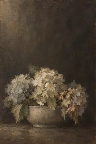 Hydrangea heads in a low bowl in charcoal, black, olive, brown; portrait artwork.