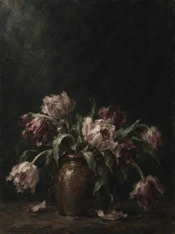 Tulips bending out of a brown jar in black, charcoal, brown; portrait artwork.