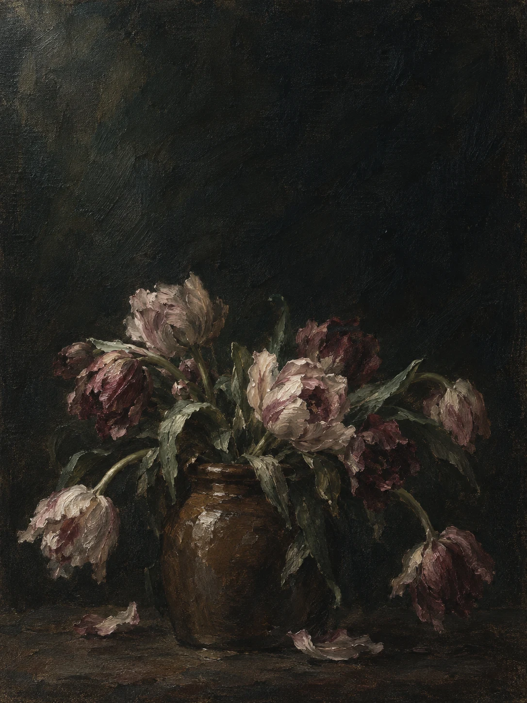 Tulips bending out of a brown jar in black, charcoal, brown; portrait artwork.