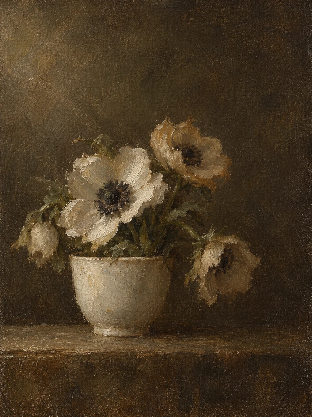 Anemones in a small white cup in black, brown, burgundy, taupe; portrait artwork.