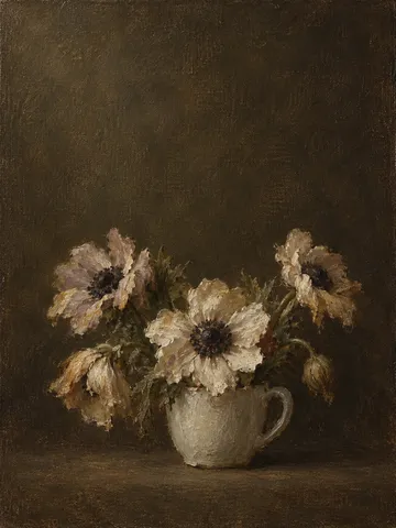 Anemones in a small white cup in black, brown, burgundy, forest green; portrait artwork.