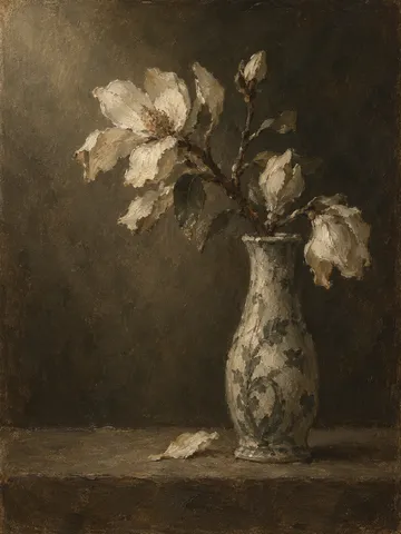 A single branch of magnolia in a tall vase in black, brown, forest green, charcoal; portrait artwork.