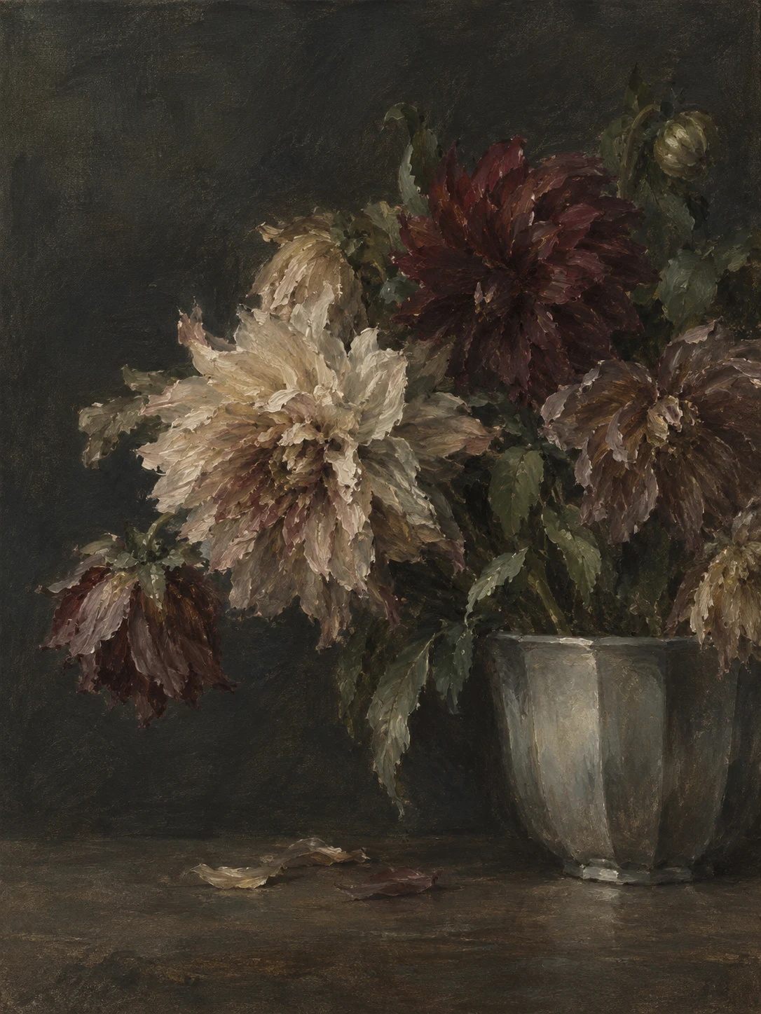 Dahlias crowded into a pewter pot in black, charcoal, olive; portrait artwork.