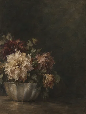 Dahlias crowded into a pewter pot in black, charcoal, olive; portrait artwork.