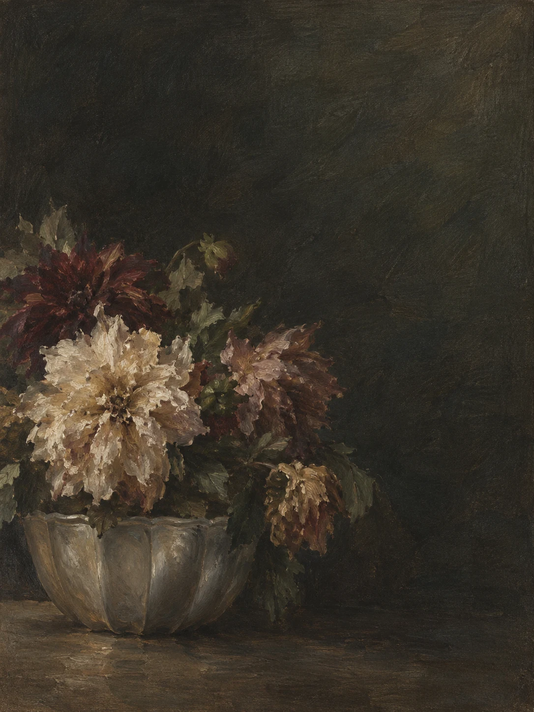 Dahlias crowded into a pewter pot in black, charcoal, olive; portrait artwork.