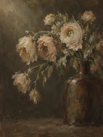 Ranunculus drooping from a squat brown bottle in charcoal, black, olive, brown; portrait artwork.