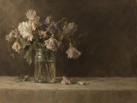 Sweet peas in a glass jar in brown, black, olive, forest green; landscape artwork.