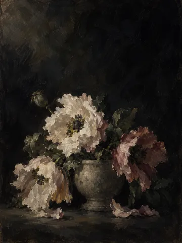 Poppies shedding petals beside a stone vase in black, charcoal, taupe; portrait artwork.