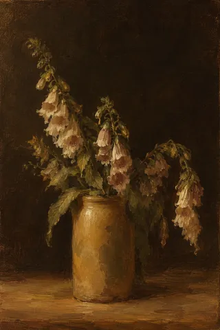 Foxgloves leaning out of a tall crock in black, brown, burgundy, terracotta; portrait artwork.