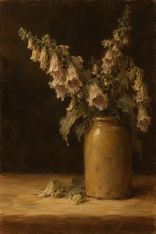 Foxgloves leaning out of a tall crock in black, brown, burgundy, ochre; portrait artwork.