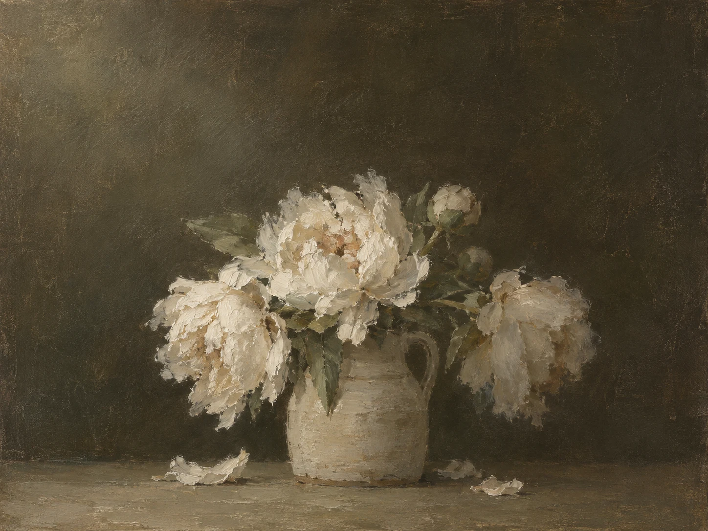 White peonies falling open in a stoneware jug in brown, forest green, charcoal, olive; landscape artwork.