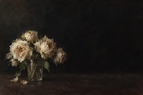 Garden roses past their best in a glass tumbler in black, brown; landscape artwork.