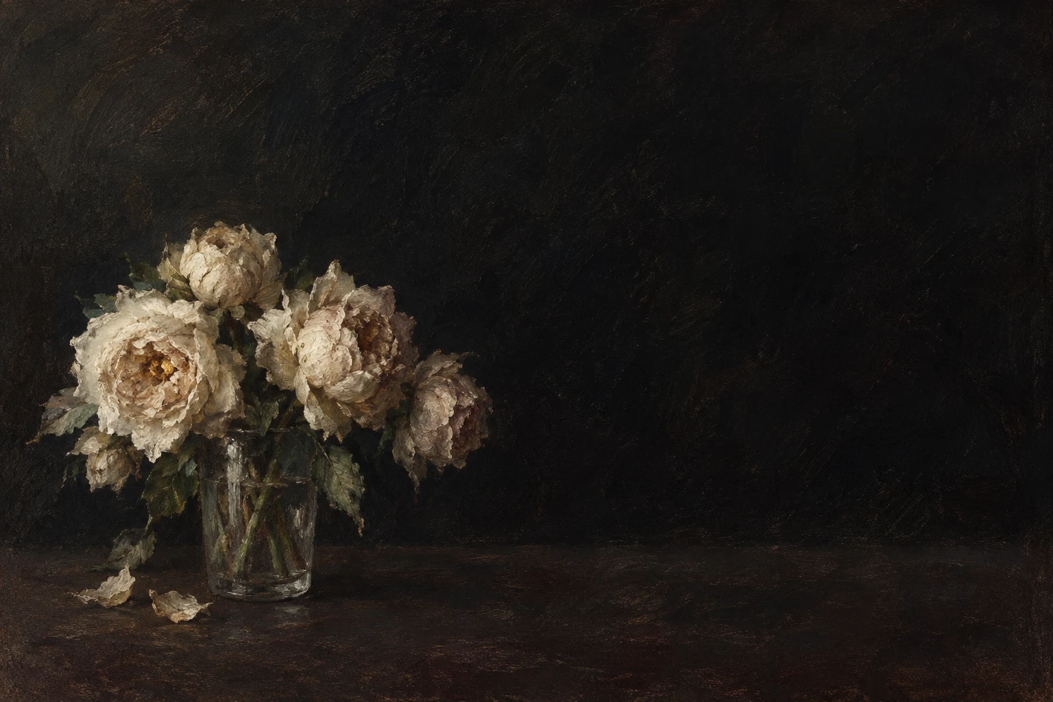 Garden roses past their best in a glass tumbler in black, brown; landscape artwork.