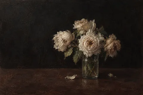 Garden roses past their best in a glass tumbler in black, olive; landscape artwork.