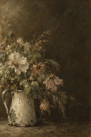 Cosmos and grasses in a chipped enamel pitcher in black, olive, charcoal, brown; portrait artwork.