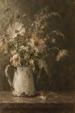 Cosmos and grasses in a chipped enamel pitcher in brown, black, olive, forest green; portrait artwork.