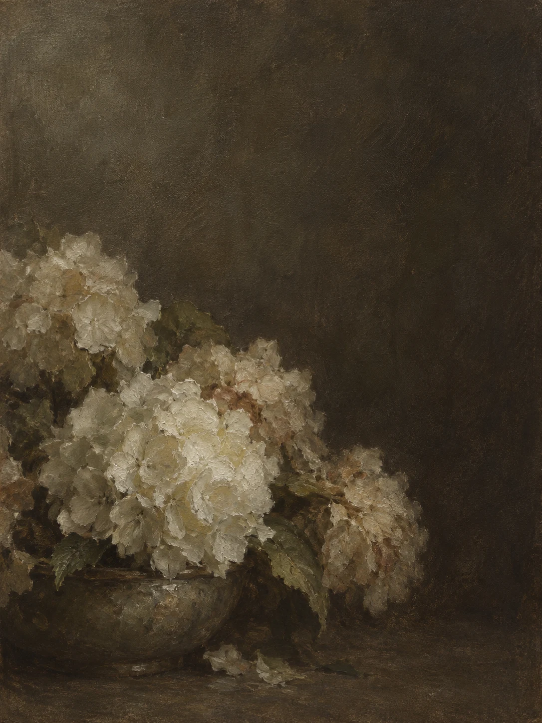 Hydrangea heads in a low bowl in black, charcoal, brown, forest green; portrait artwork.