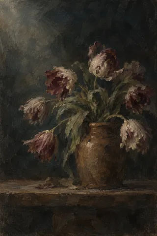 Tulips bending out of a brown jar in black, charcoal, forest green, olive; portrait artwork.
