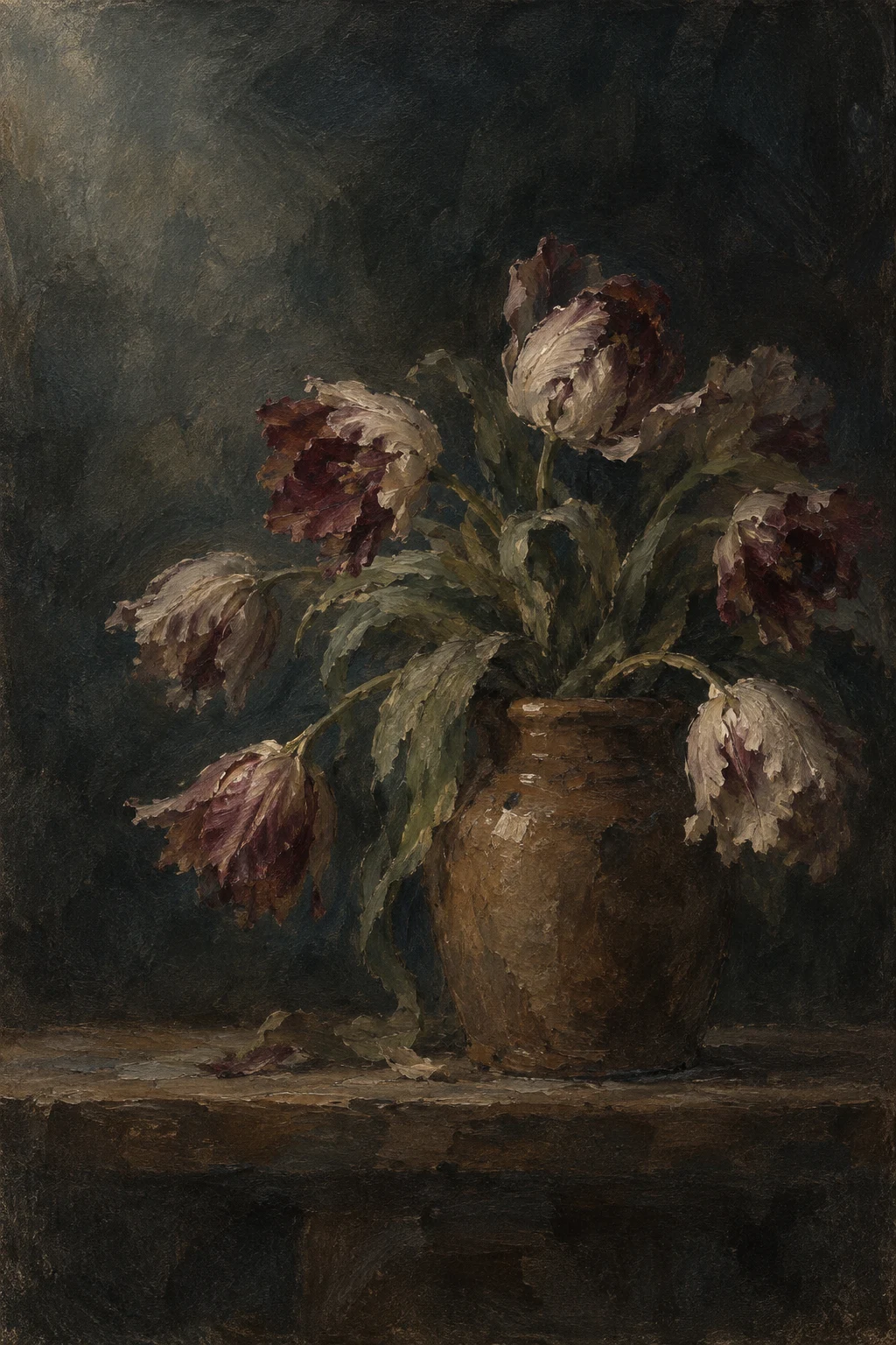 Tulips bending out of a brown jar in black, charcoal, forest green, olive; portrait artwork.