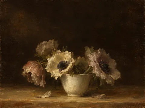 Anemones in a small white cup in black, brown, burgundy, ochre; landscape artwork.