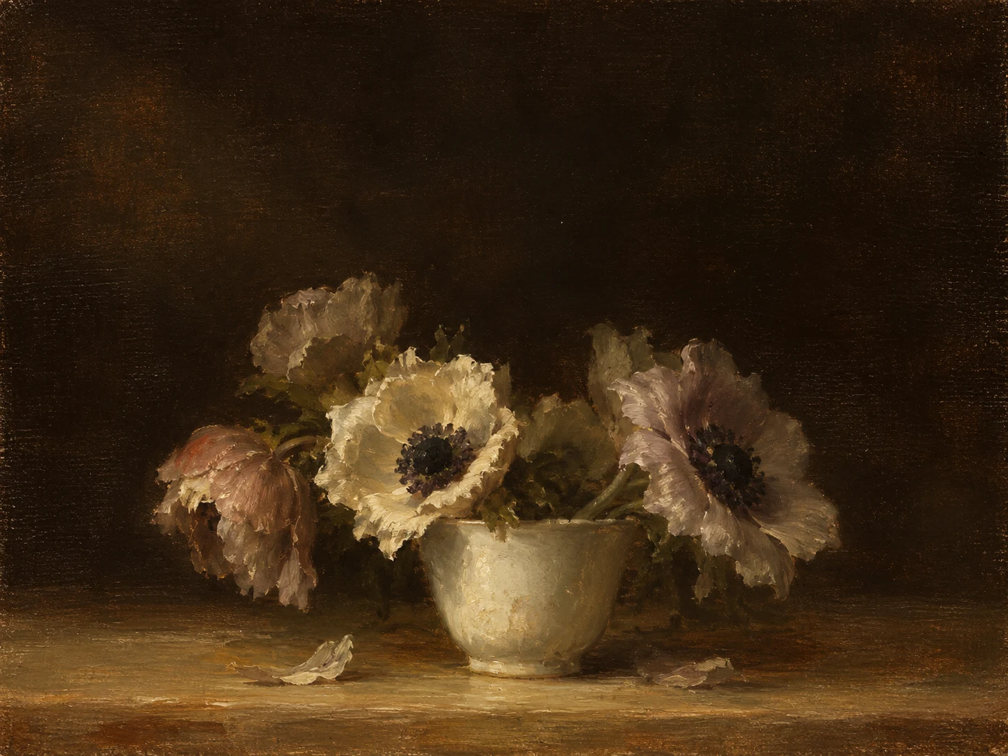 Anemones in a small white cup in black, brown, burgundy, ochre; landscape artwork.