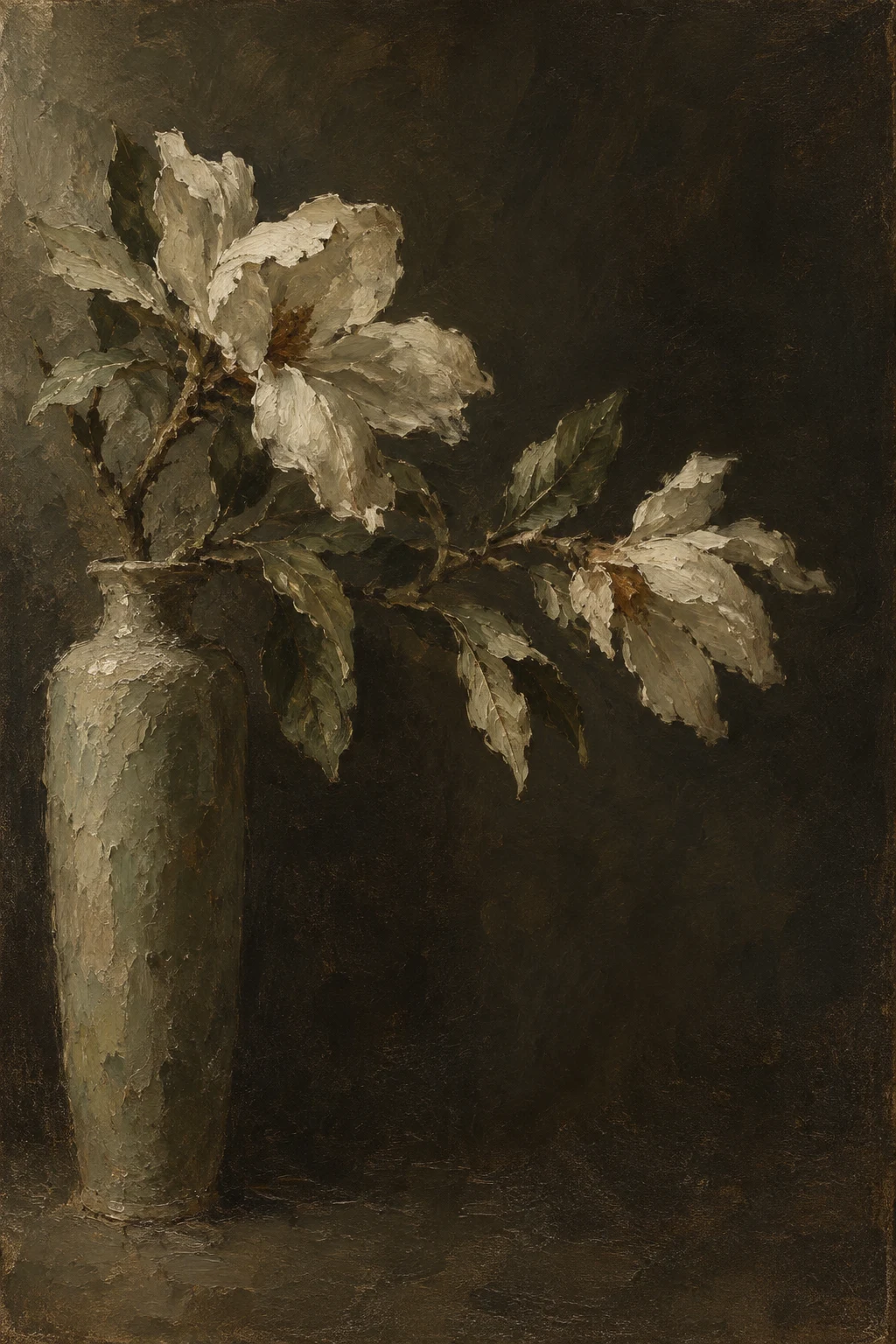 A single branch of magnolia in a tall vase in black, brown, charcoal, taupe; portrait artwork.