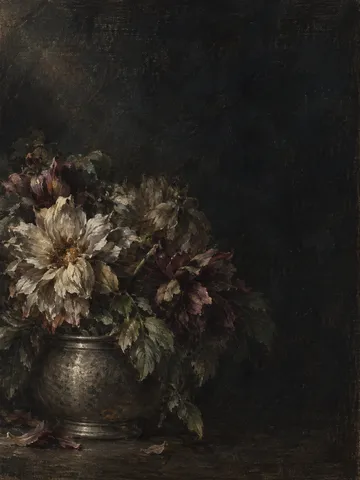 Dahlias crowded into a pewter pot in black, brown; portrait artwork.