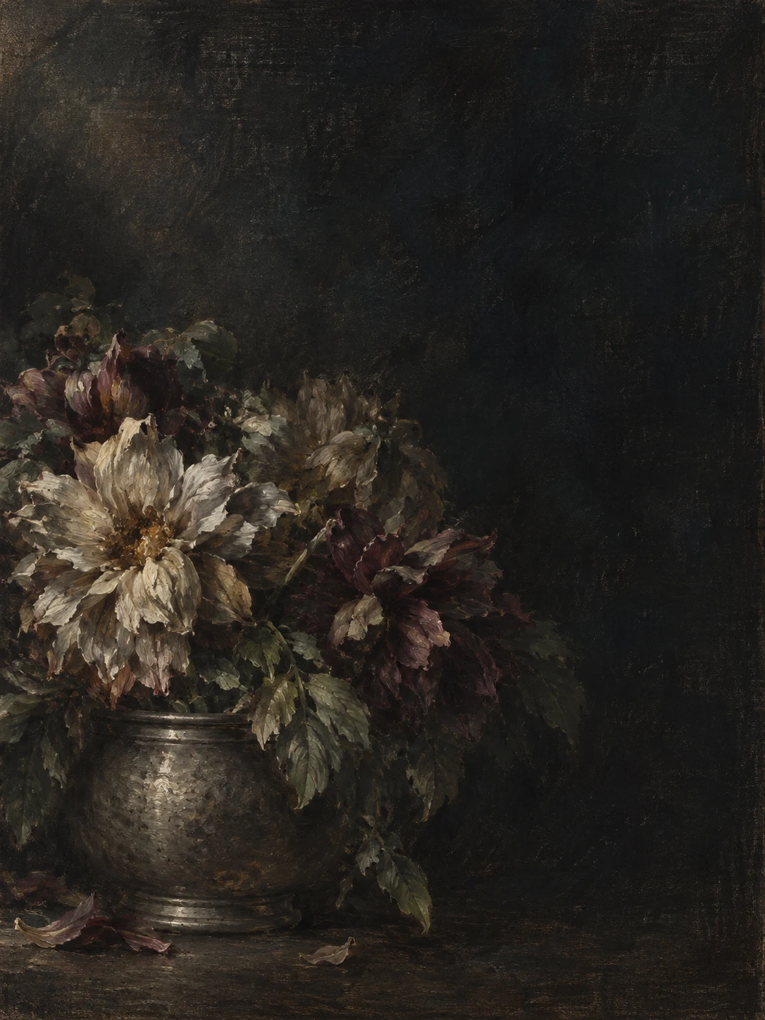 Dahlias crowded into a pewter pot in black, brown; portrait artwork.