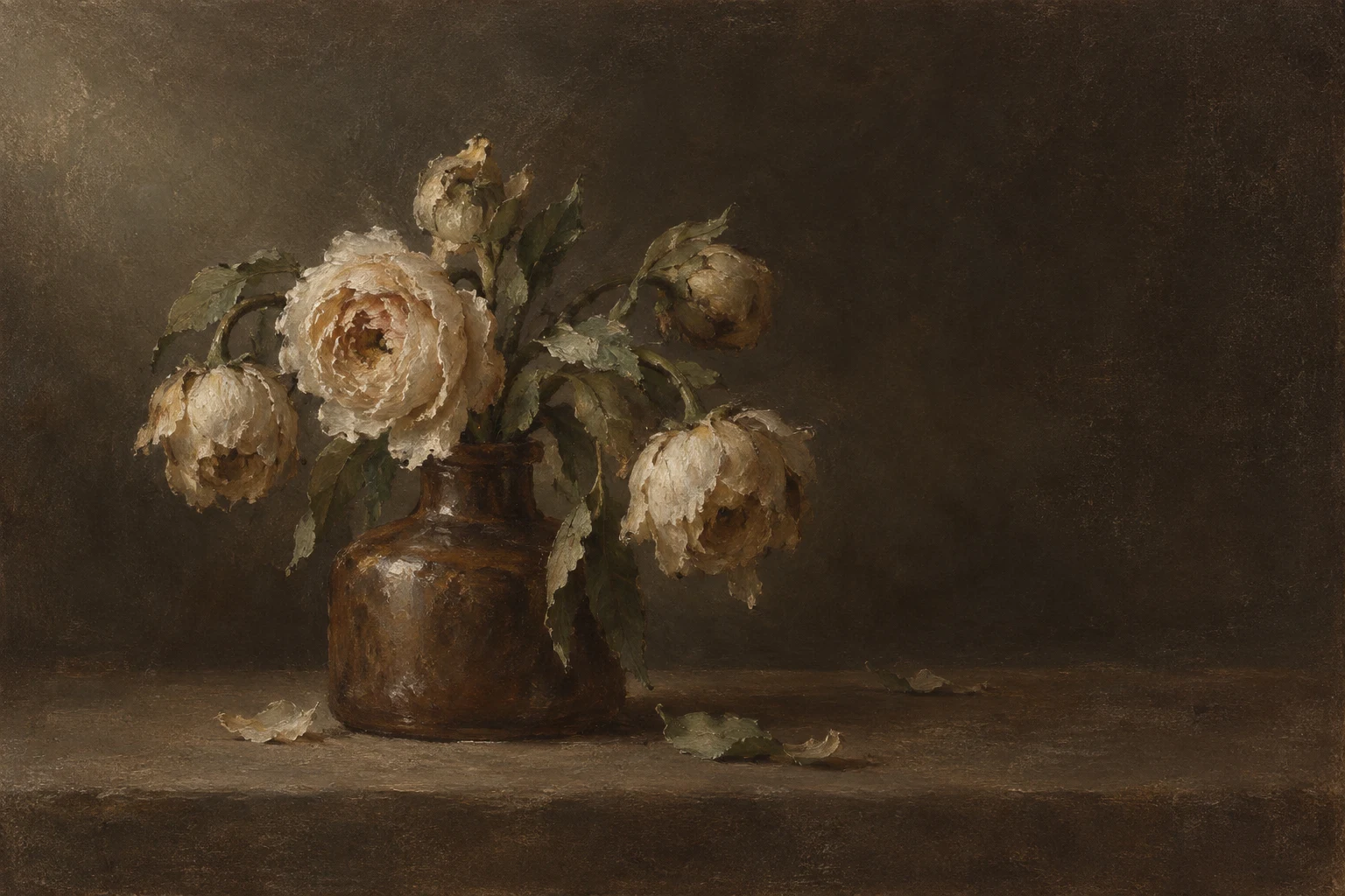 Ranunculus drooping from a squat brown bottle in black, brown, charcoal, burgundy; landscape artwork.