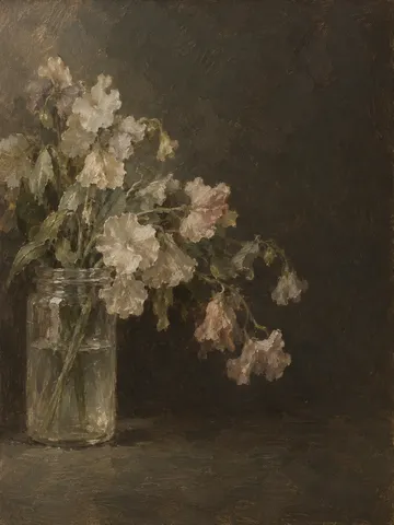 Sweet peas in a glass jar in charcoal, brown, black, forest green; portrait artwork.