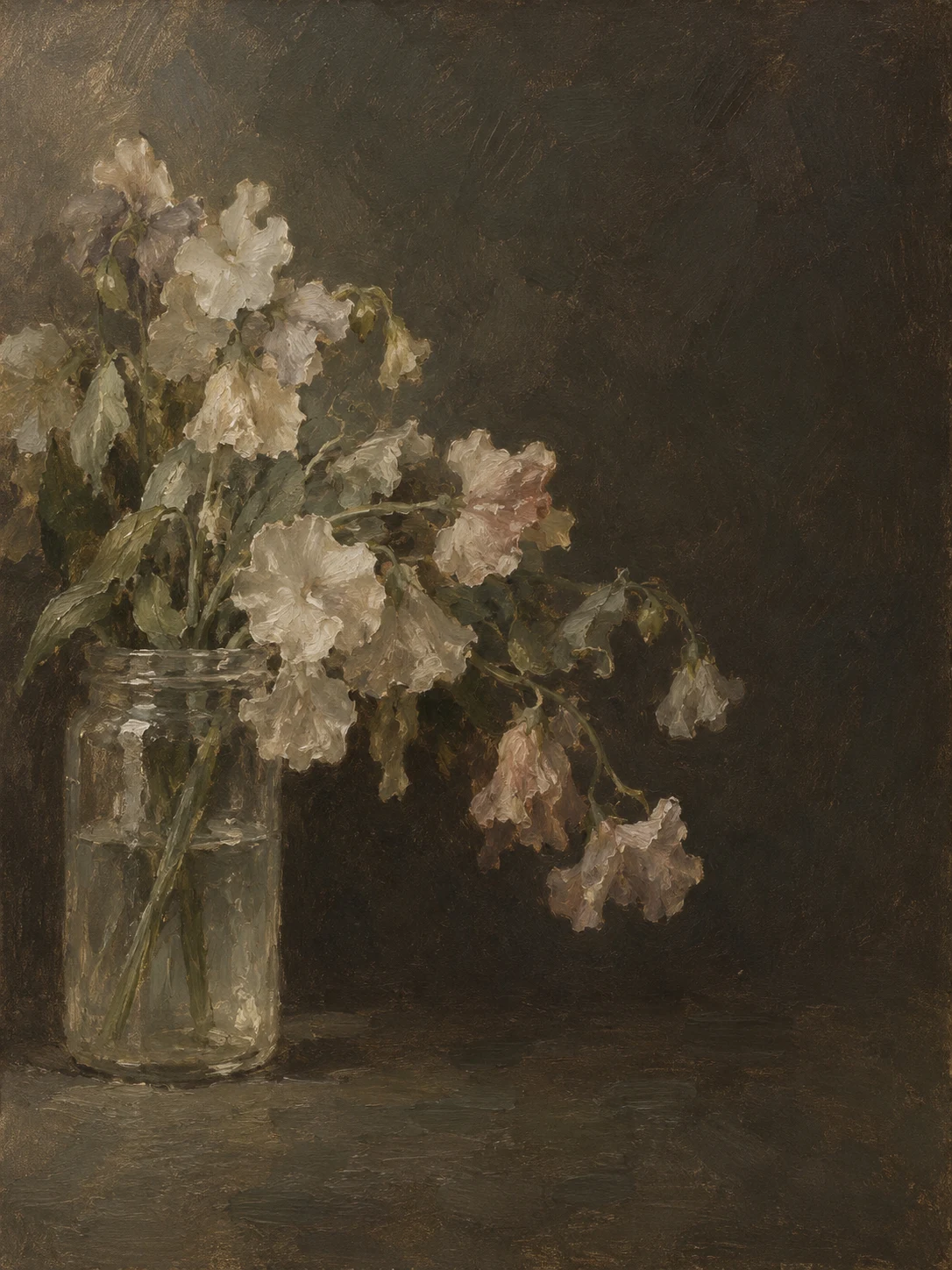 Sweet peas in a glass jar in charcoal, brown, black, forest green; portrait artwork.