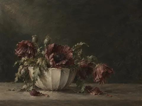 Poppies shedding petals beside a stone vase in black, charcoal, olive; landscape artwork.