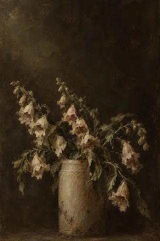 Foxgloves leaning out of a tall crock in black, charcoal, olive; portrait artwork.