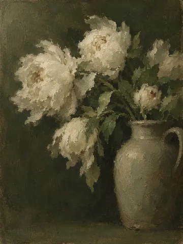 White peonies falling open in a stoneware jug in charcoal, black, forest green, olive; portrait artwork.