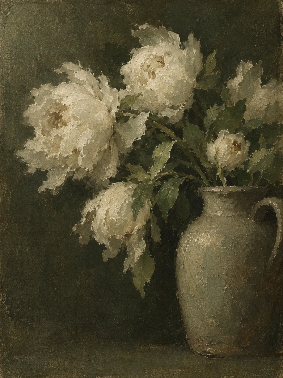 White peonies falling open in a stoneware jug in charcoal, black, forest green, olive; portrait artwork.