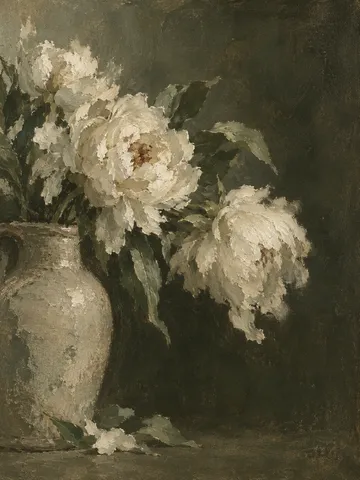 White peonies falling open in a stoneware jug in forest green, taupe, brown, charcoal; portrait artwork.