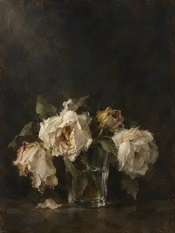 Garden roses past their best in a glass tumbler in black, charcoal, taupe; portrait artwork.