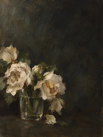 Garden roses past their best in a glass tumbler in black, forest green, charcoal, taupe; portrait artwork.