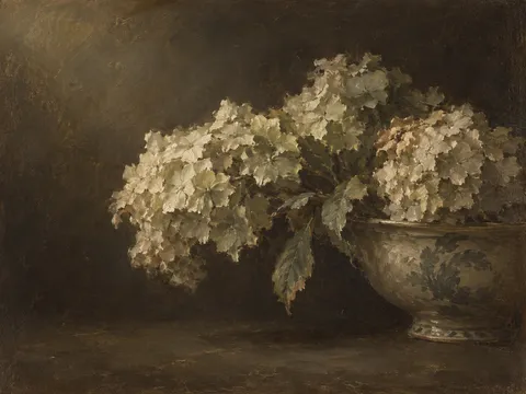 Hydrangea heads in a low bowl in brown, charcoal, black, forest green; landscape artwork.