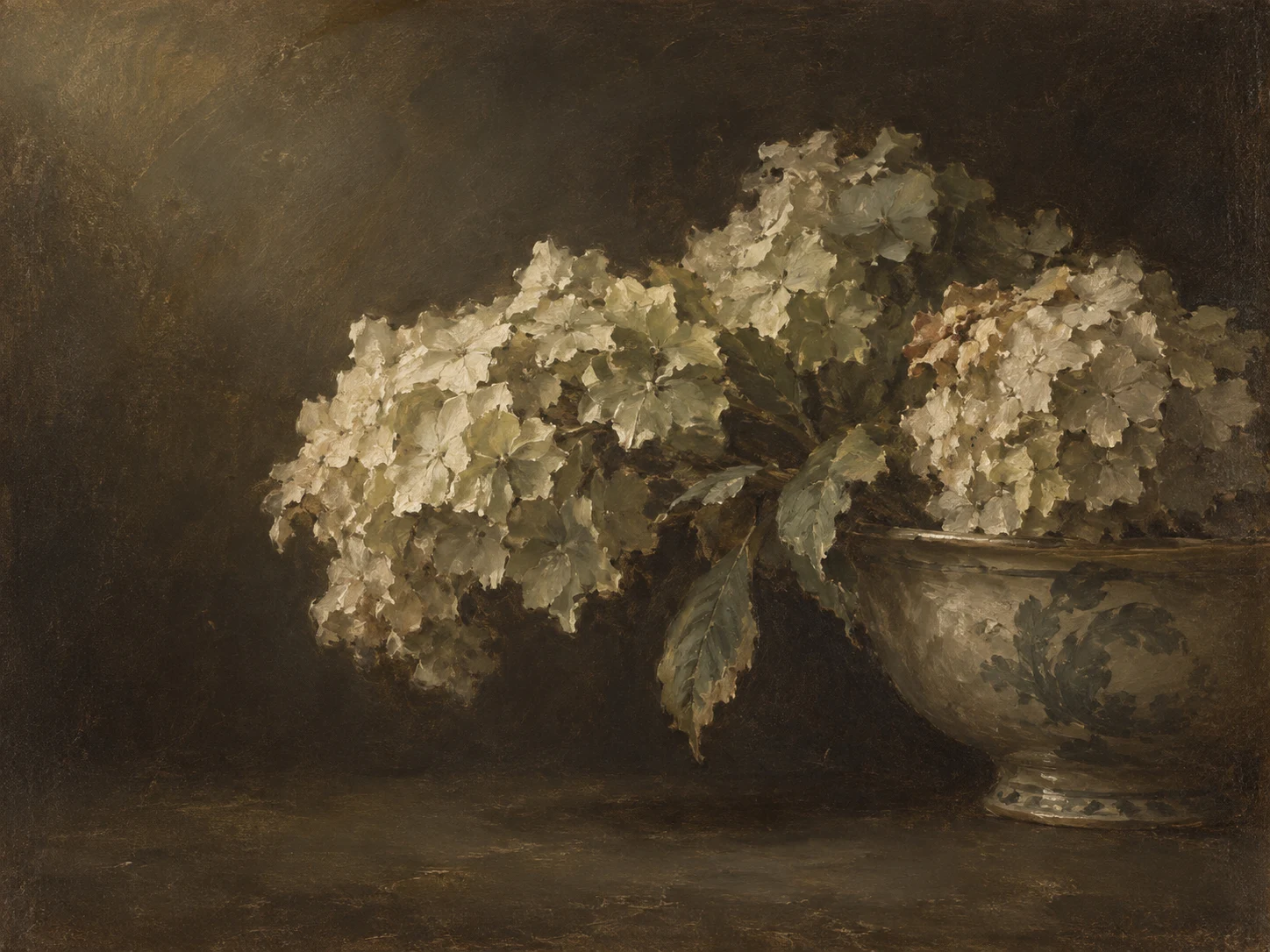 Hydrangea heads in a low bowl in brown, charcoal, black, forest green; landscape artwork.