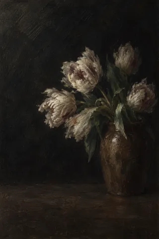 Tulips bending out of a brown jar in black, brown; portrait artwork.