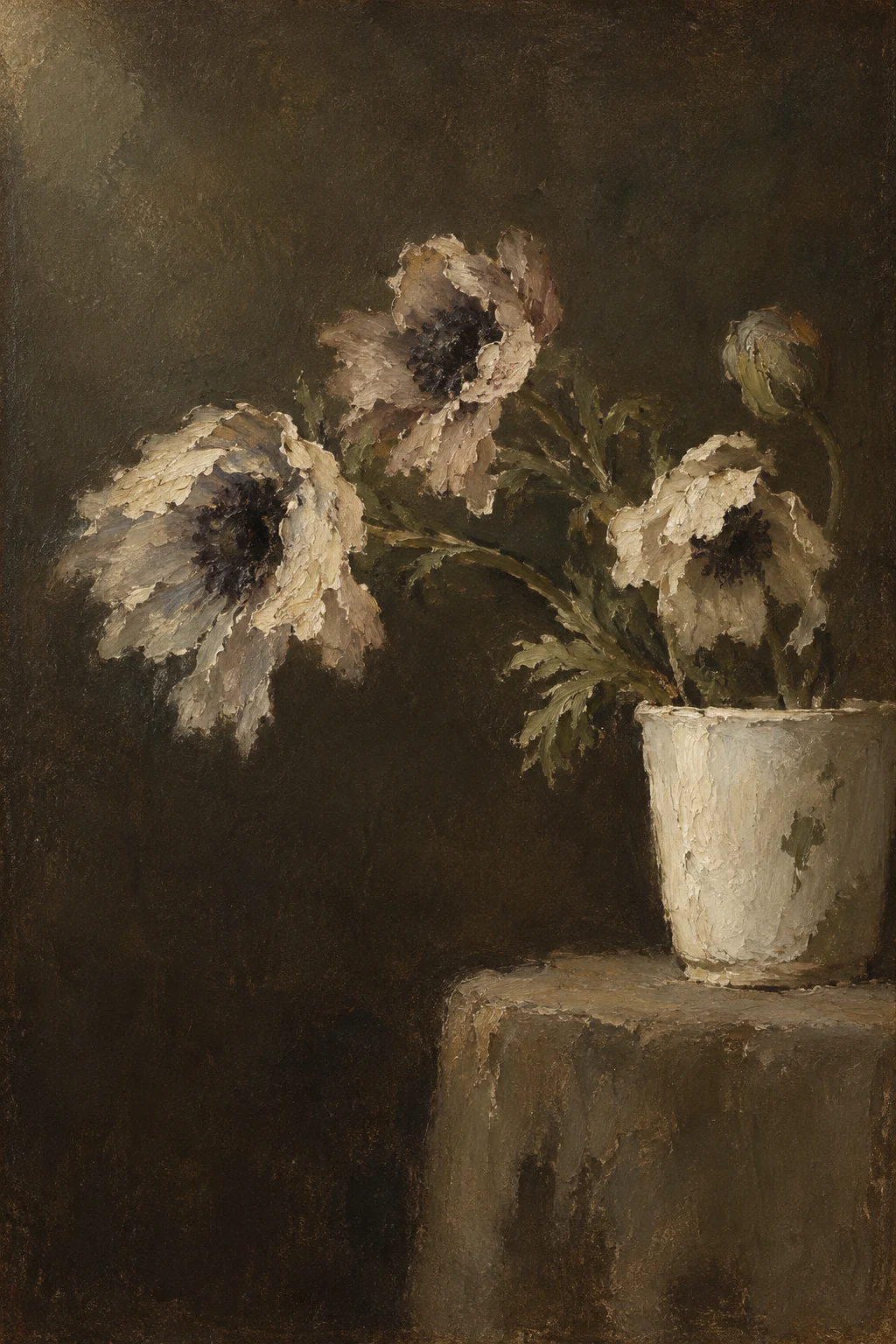 Anemones in a small white cup in black, brown, charcoal, forest green; portrait artwork.