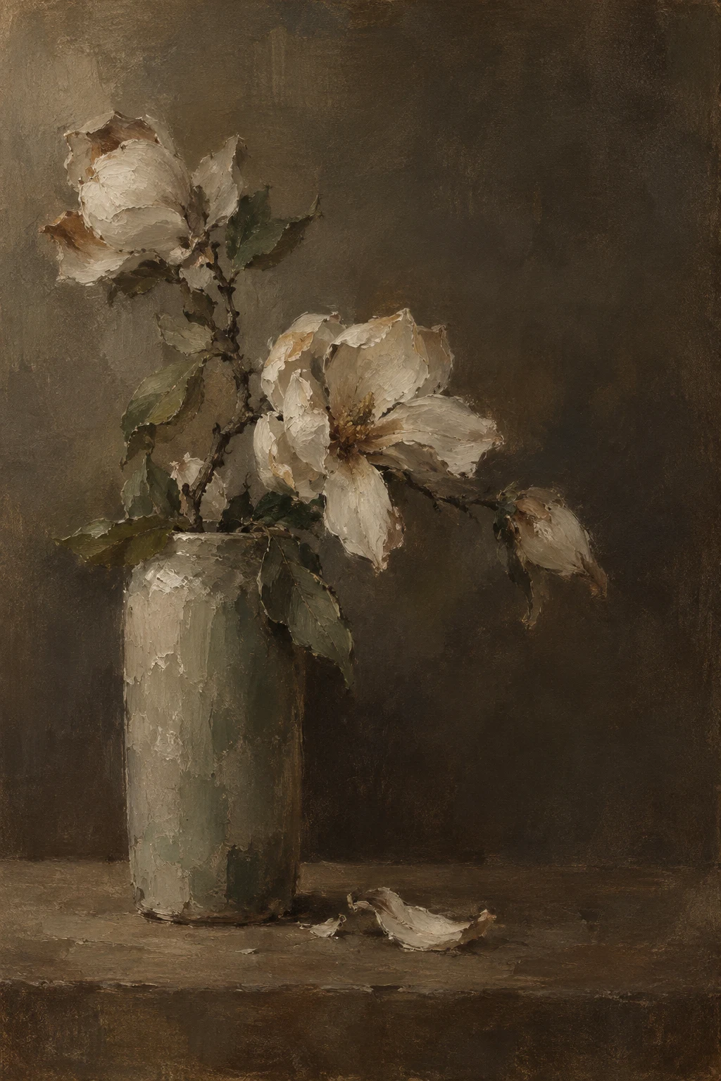 A single branch of magnolia in a tall vase in brown, black, burgundy, charcoal; portrait artwork.