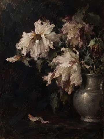 Dahlias crowded into a pewter pot in black, brown, taupe; portrait artwork.