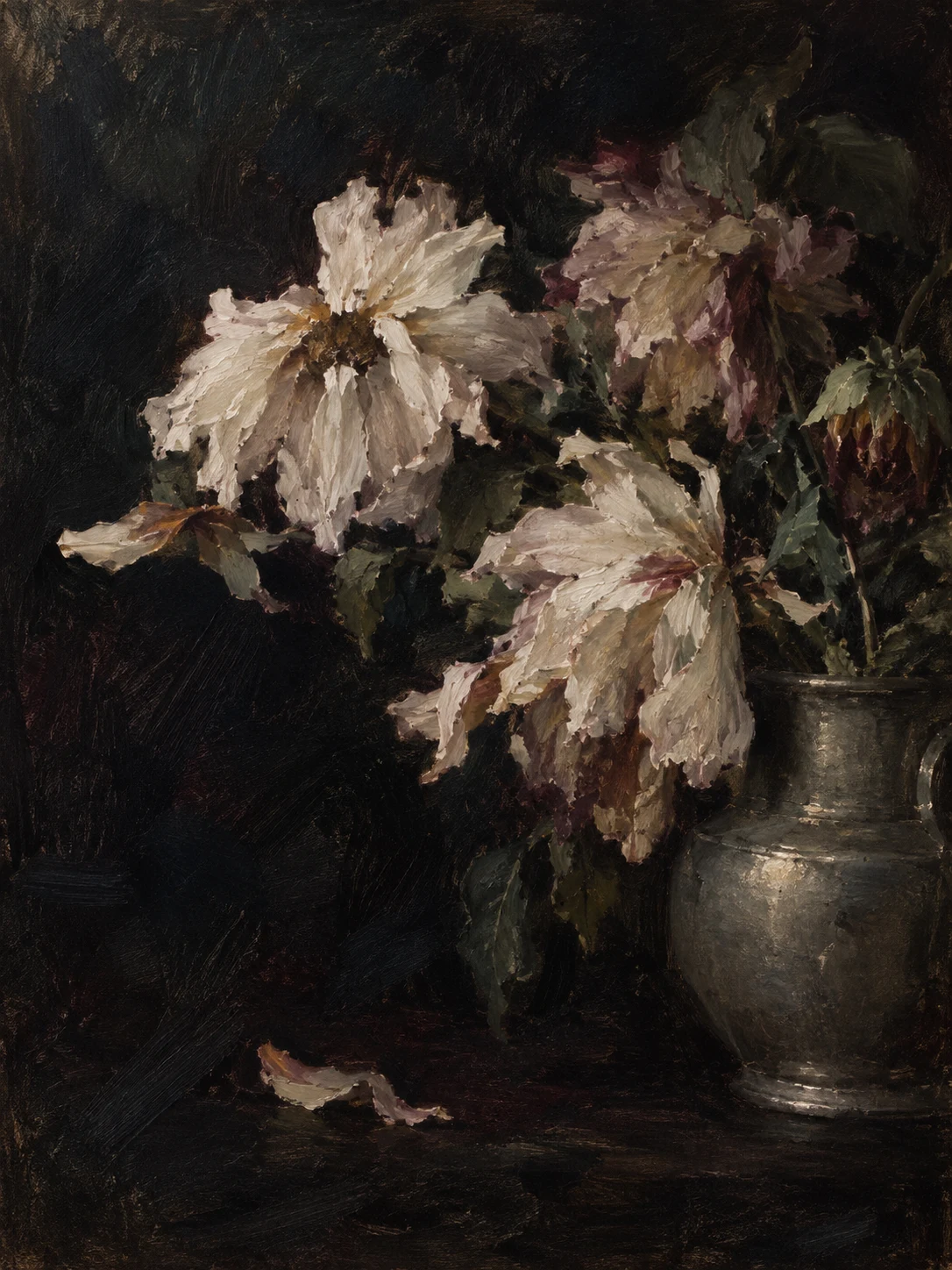 Dahlias crowded into a pewter pot in black, brown, taupe; portrait artwork.