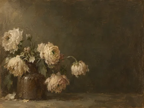 Ranunculus drooping from a squat brown bottle in charcoal, forest green, olive, brown; landscape artwork.
