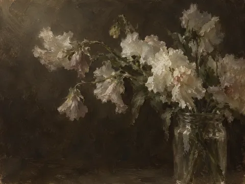 Sweet peas in a glass jar in black, charcoal, brown, taupe; landscape artwork.