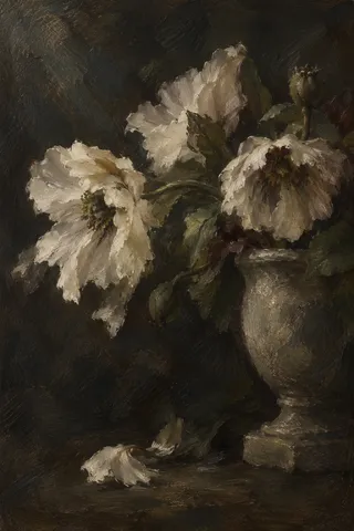 Poppies shedding petals beside a stone vase in black, brown, forest green, taupe; portrait artwork.