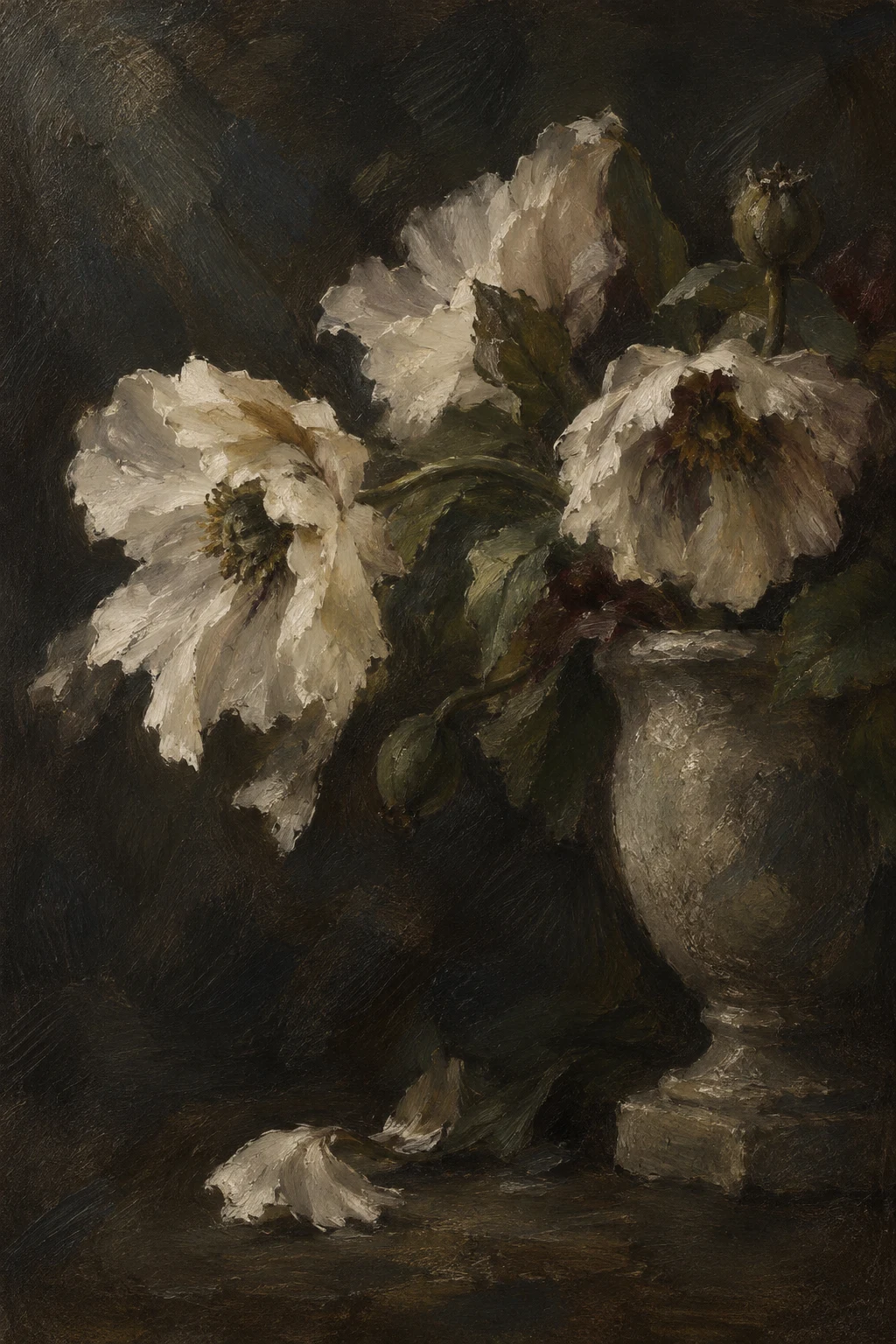 Poppies shedding petals beside a stone vase in black, brown, forest green, taupe; portrait artwork.